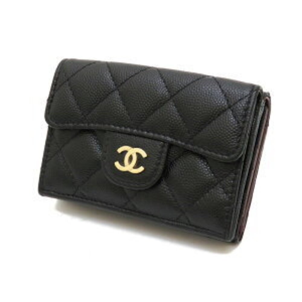 CHANEL Matelasse Compact Tri fold Wallet Caviar Skin Black
